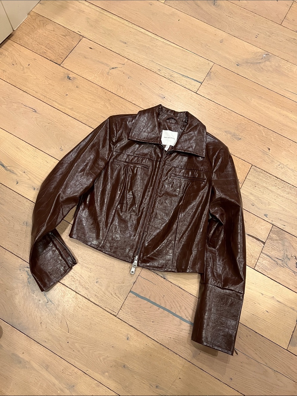 Avec Les Filles Chocolate Brown Faux Leather Cropped Zip Jacket